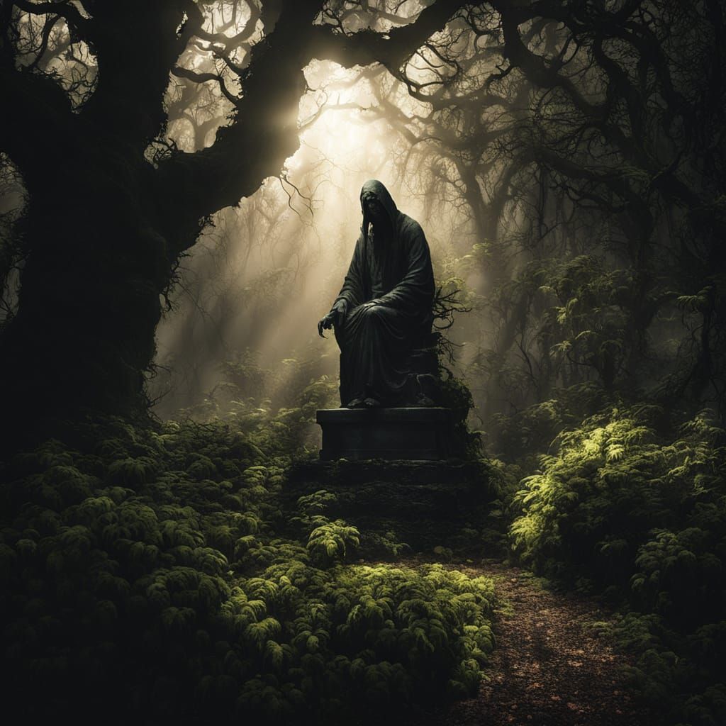 Creepy Overgrown Garden Statue in a Dark Horror Scene