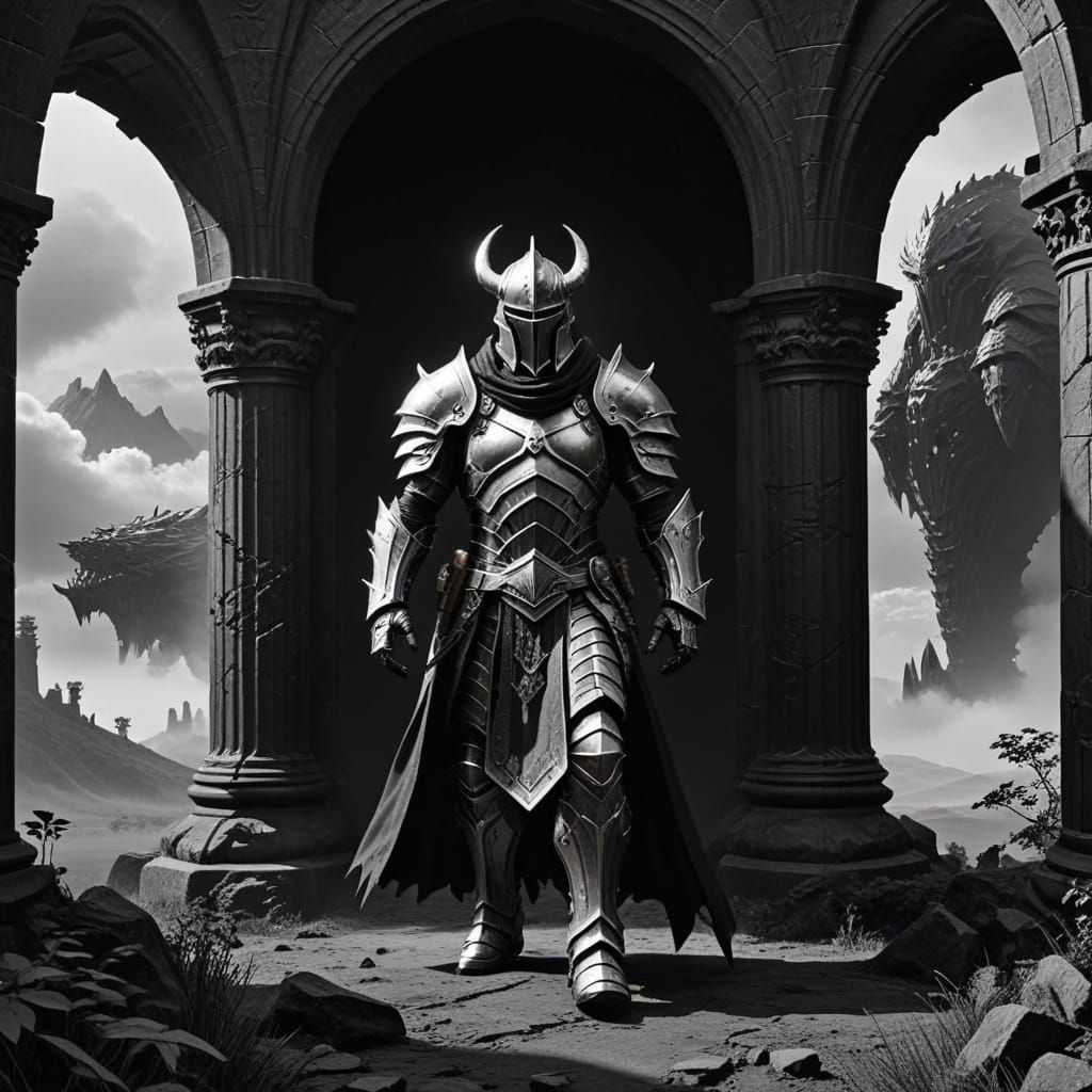Mysterious Warrior in a Grand Dark Fantasy Landscape