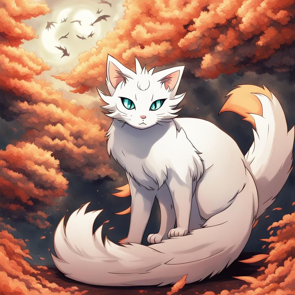 Nine-Tailed Cat with Unique Abilities in Anime Style