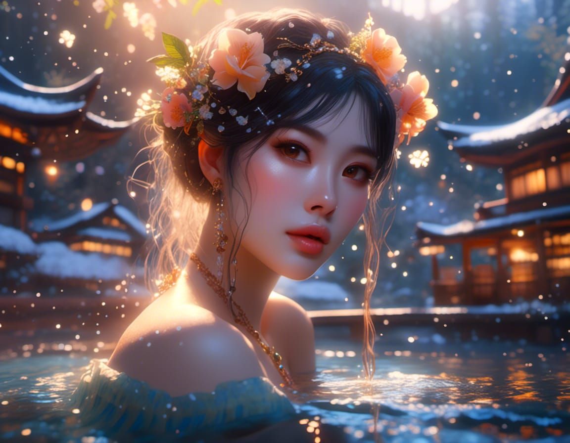Woman in Solarpunk Onsen: A 3D Digital Art Portrait