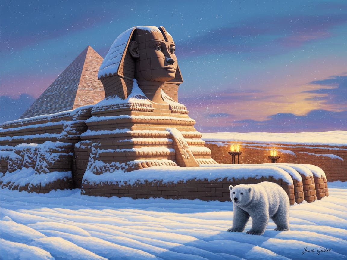 Snowy Giza Sphinx with Polar Bear, Kinkade Style