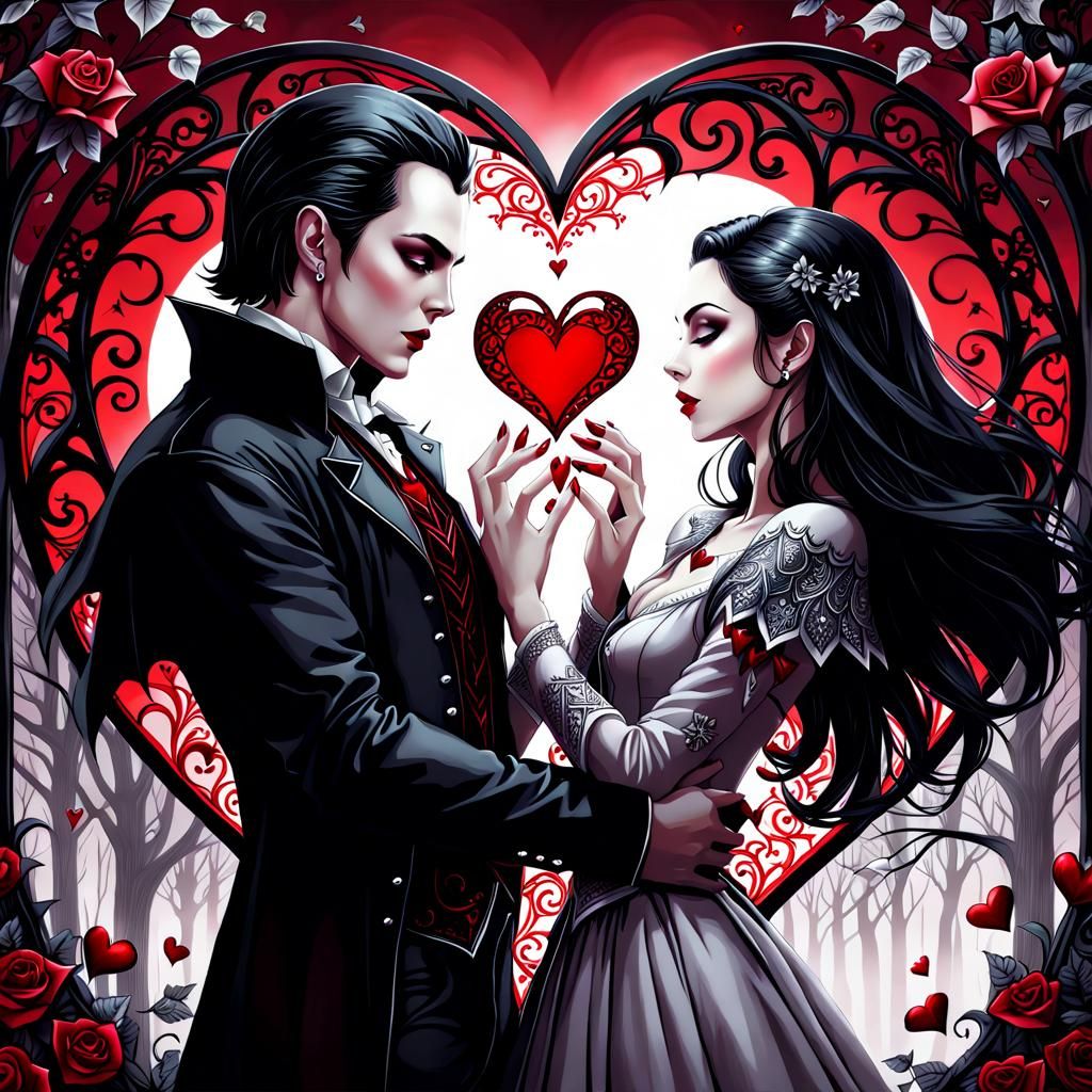 Vampire Couple in Love with Intricate Heart