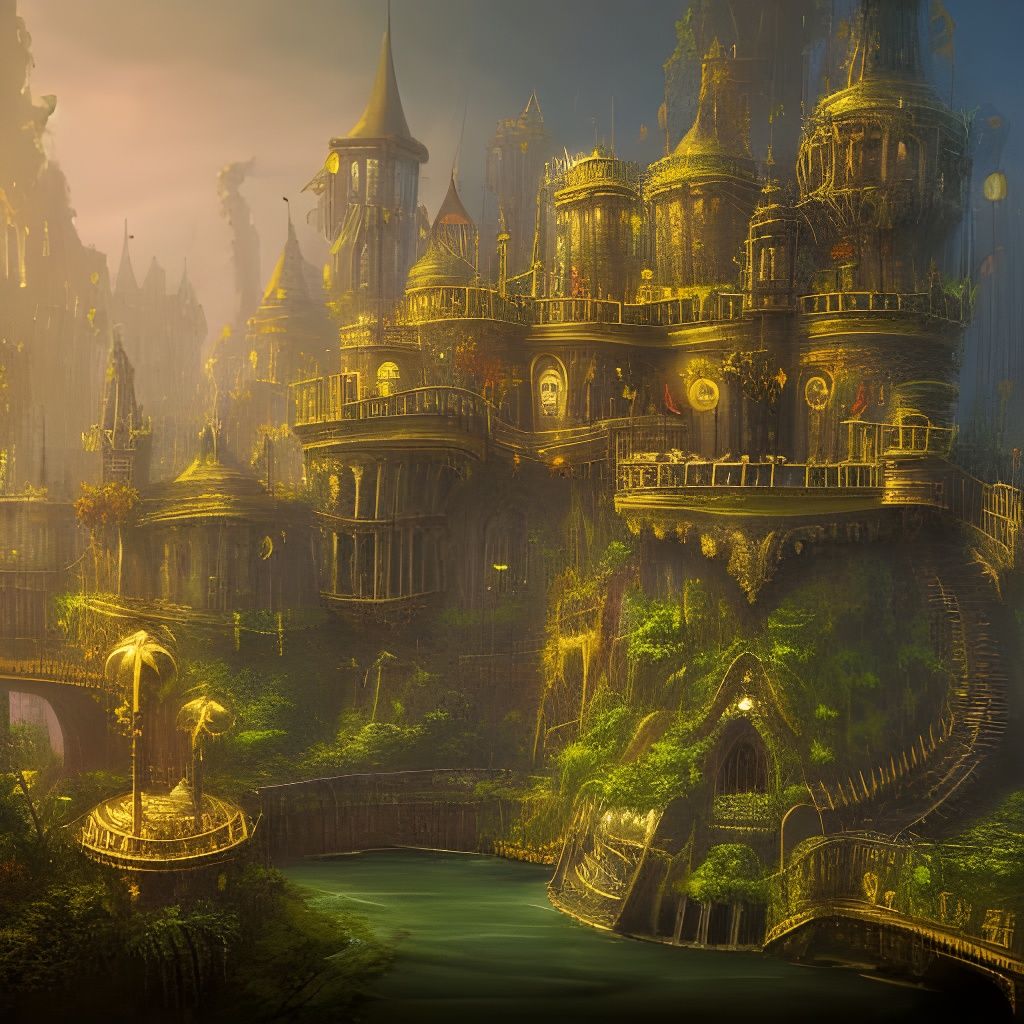 Golden Castle in Steampunk Jungle Concept Art