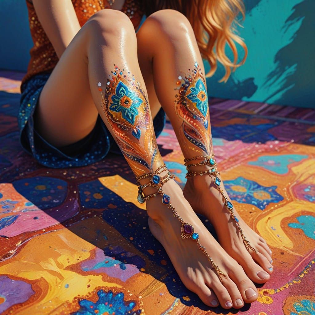 Psychedelic 70s Legs with Boho Jewelry in Gouache Style