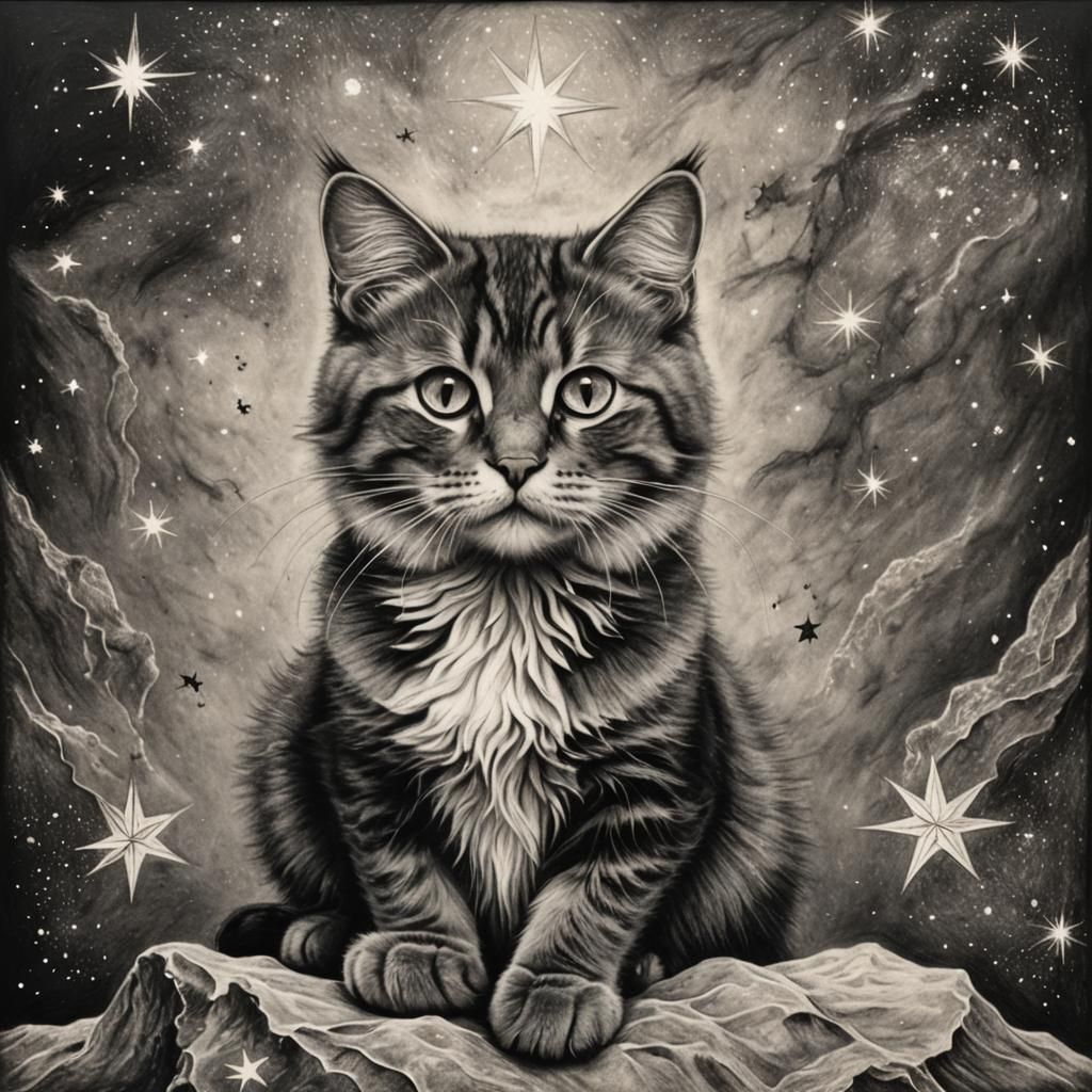 Romantic Cat on a Star Charcoal Drawing