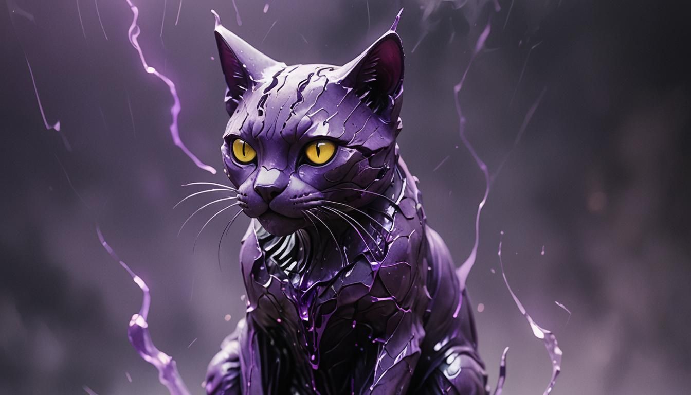 Cracked Cat Statue with Purple Paint, Anime Fantasy