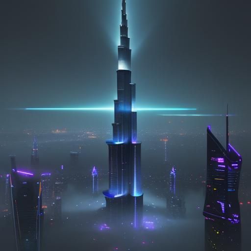 Neon Burj Khalifa in Futuristic Rainy Cityscape