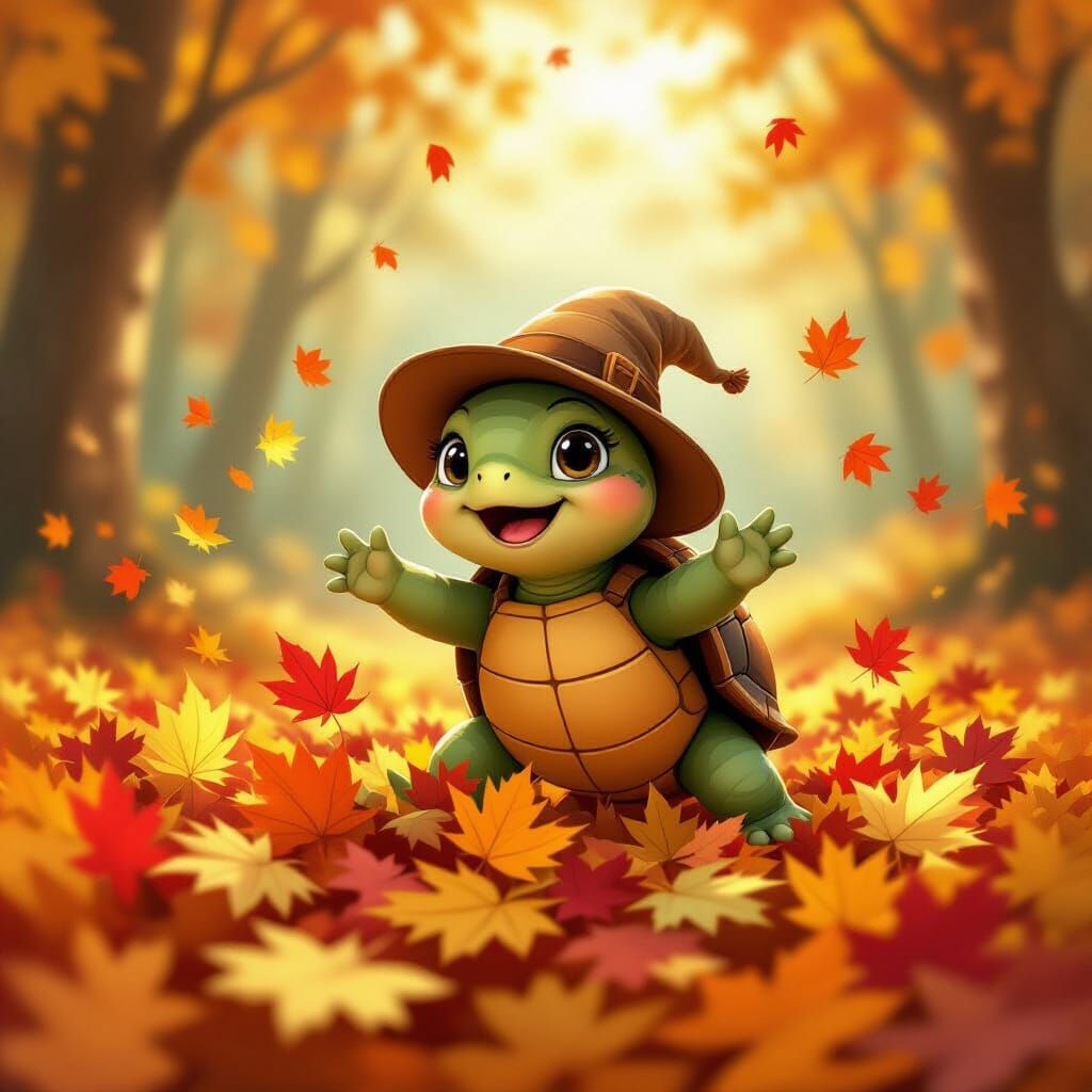 Cute Turtle Adventurer in Autumn Leaves