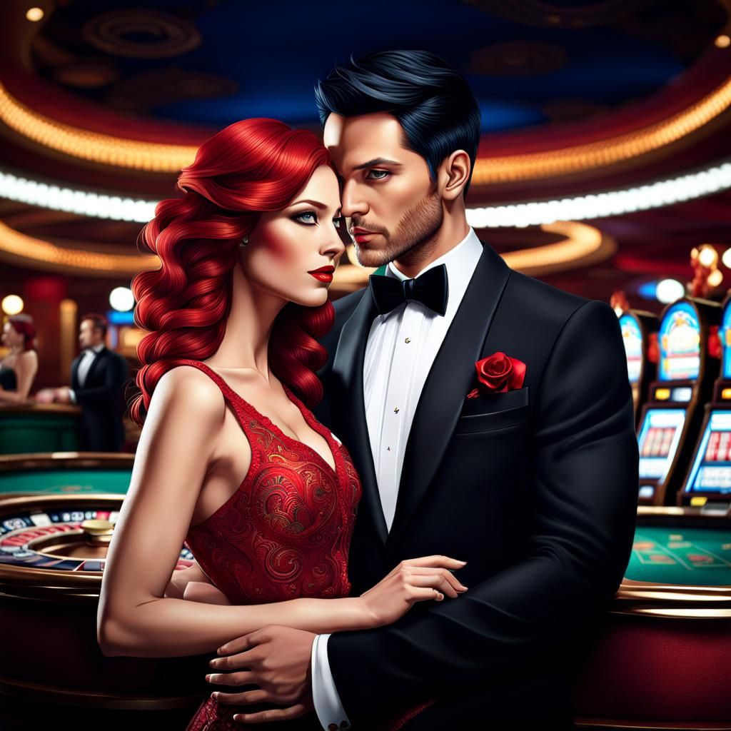 Vibrant Red-Haired Woman and Tuxedoed Man at Casino