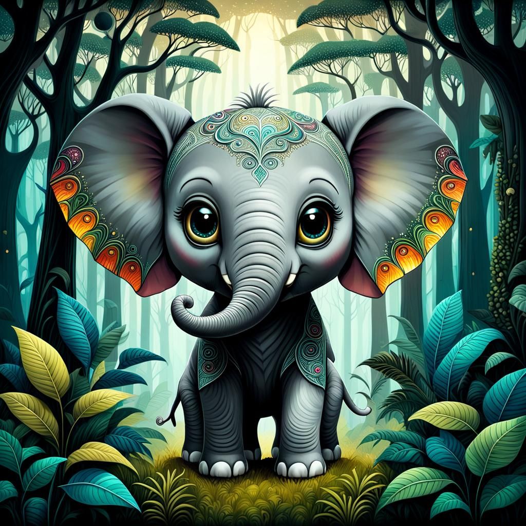 Adorable Elephant Cub in Mystical Jungle, Art Deco Style