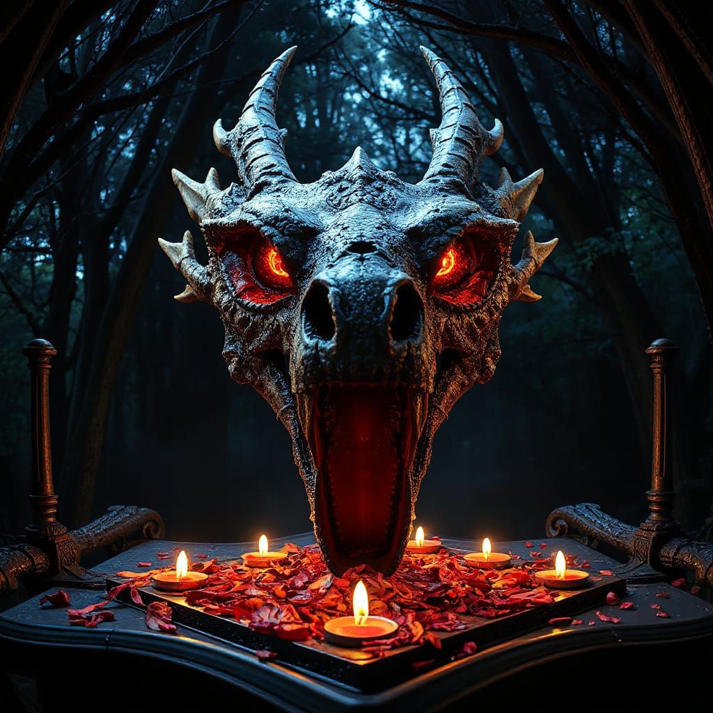 Dragon Skull Altar in Eerie Forest - Dark Fantasy Art