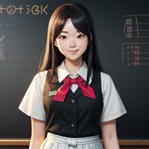 young haruna kawaguchi beaming a bright smile hourglass figure in a school uniform behind her a blackboard.