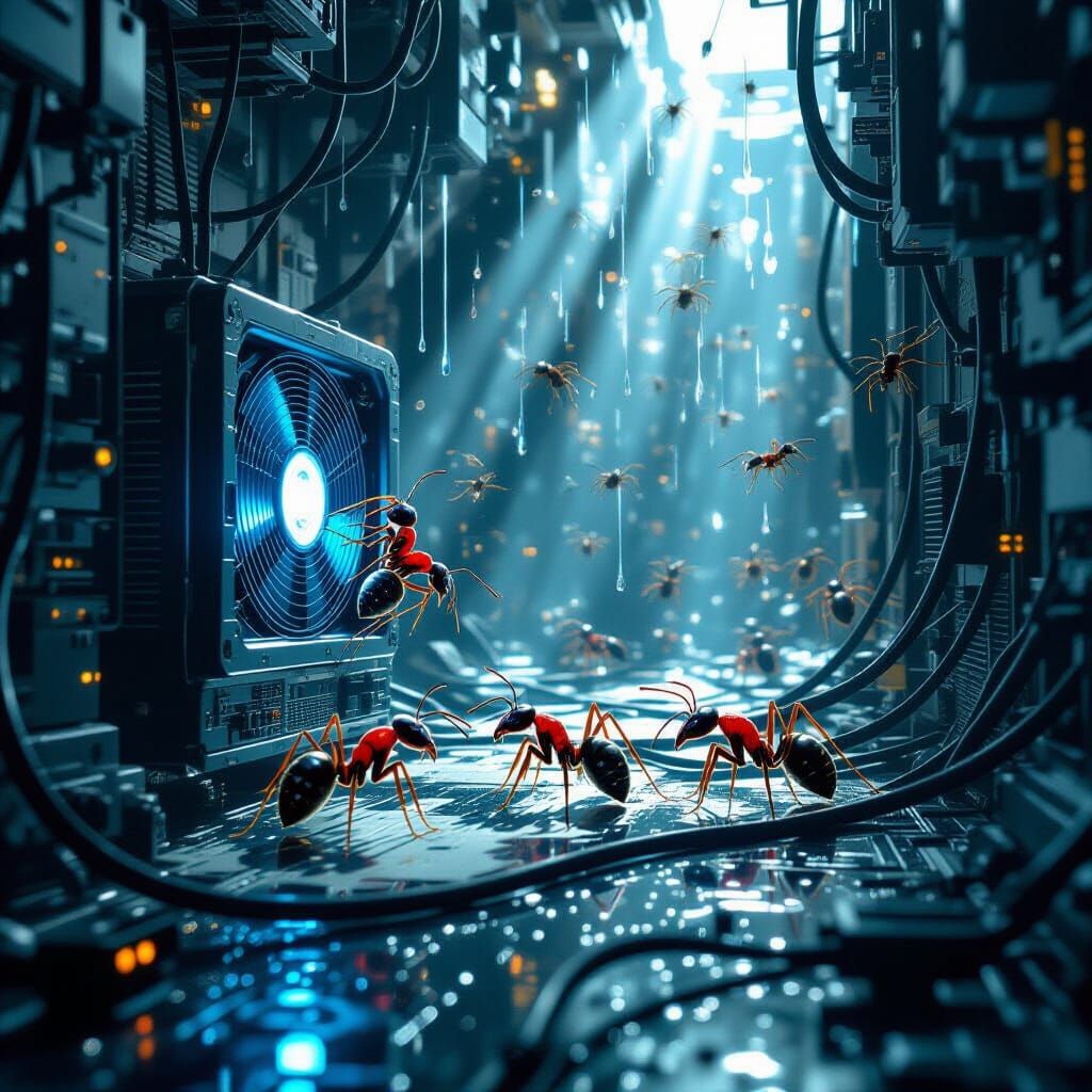 Ants Navigate Futuristic Computer World with Dystopian Glow
