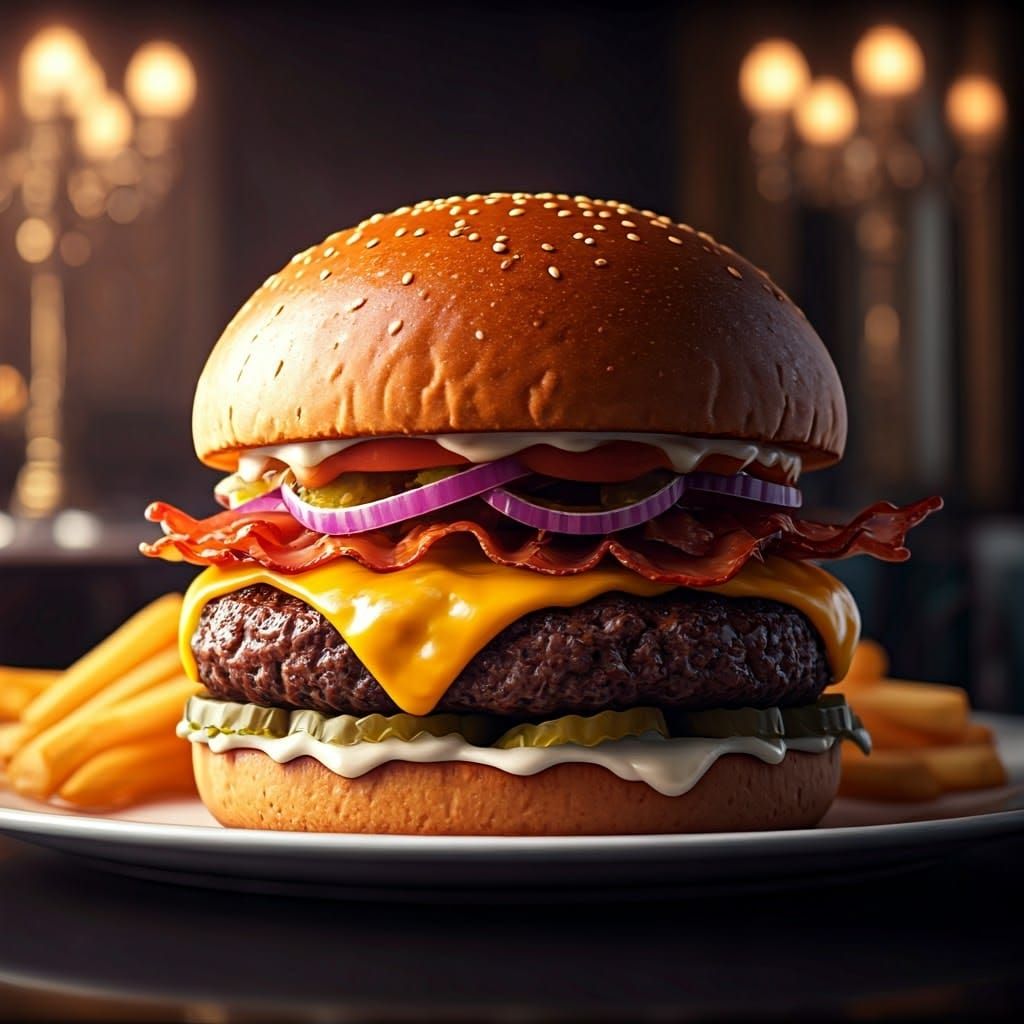 Extravagant Cheeseburger and Fries in 8k Digital Art
