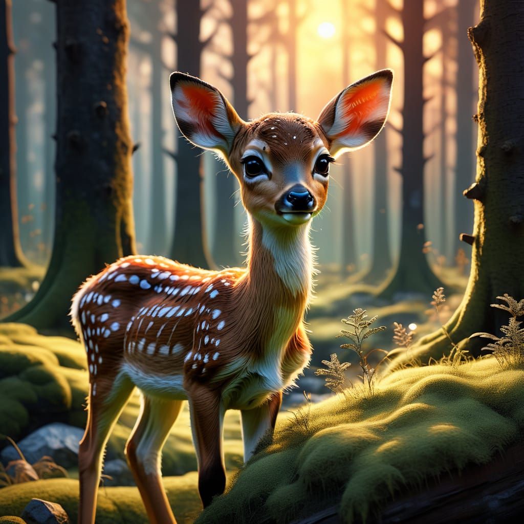 Enchanting Fawn in Forest: Dreamy Oil Painting