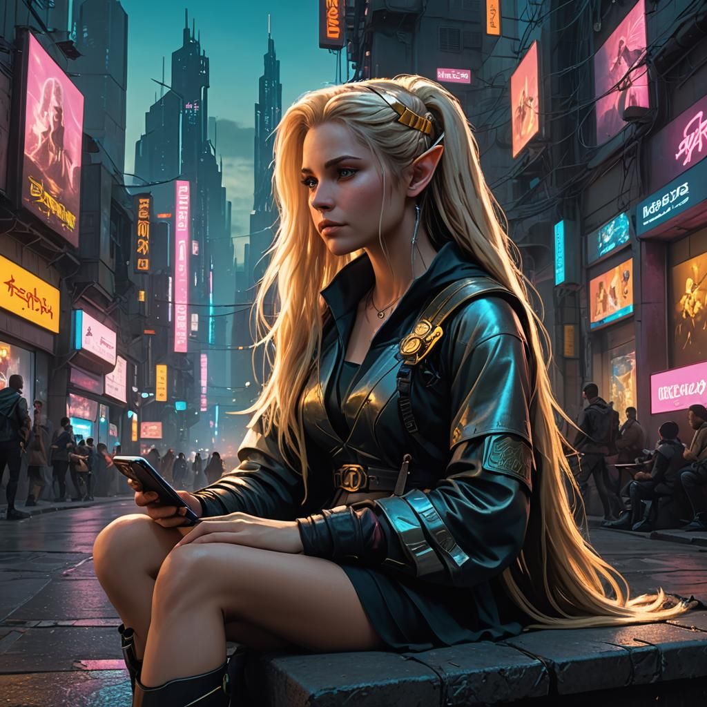 Elf Contemplates Sky in Cyberpunk Cityscape