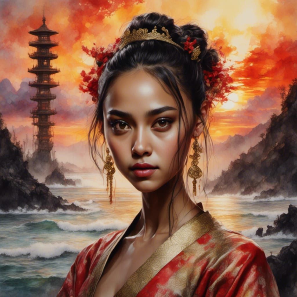 Japanese Princess in Kimono Watercolour Painting