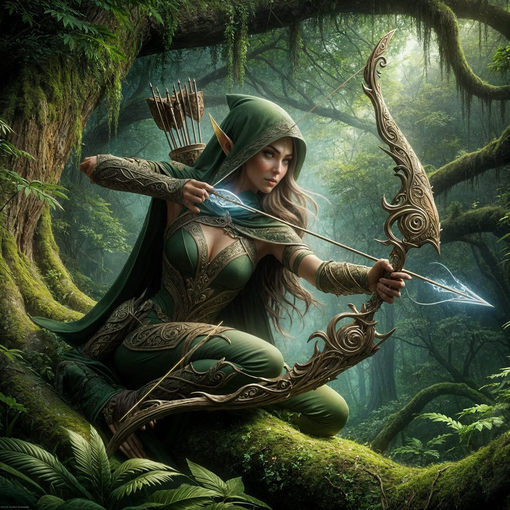 Elven Huntress in Lush Canopy, Romantic Fantasy Art