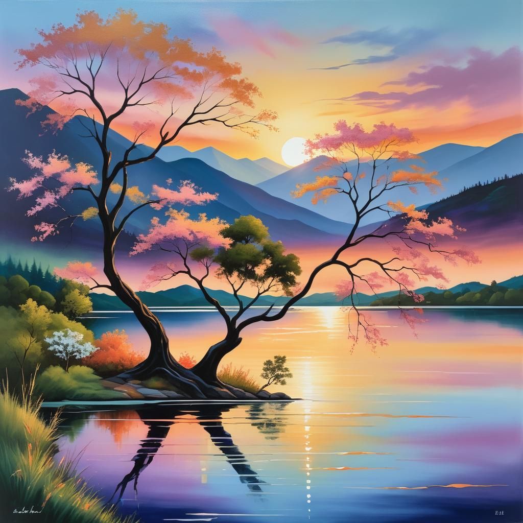 Golden Sunset Over Serene Lake Landscape Painting