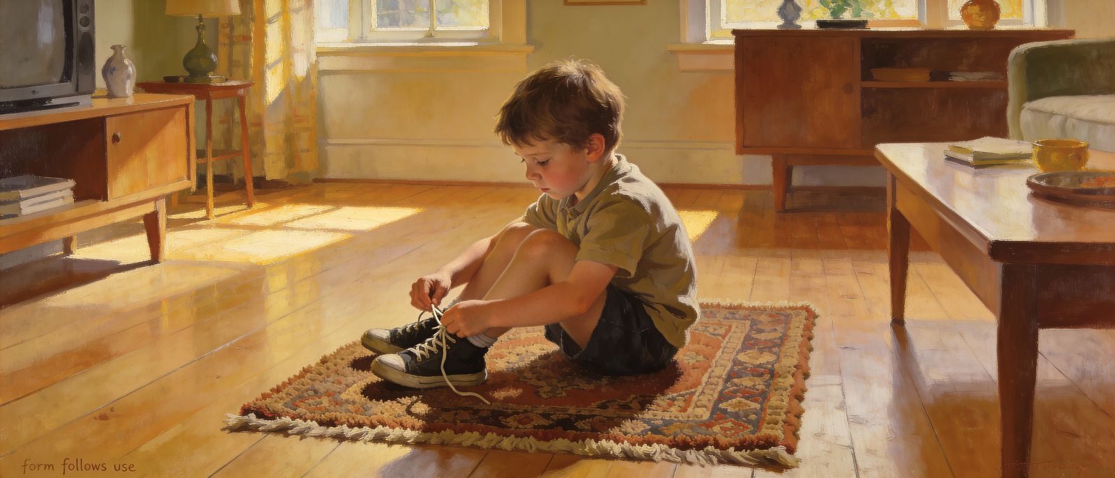 Child Tying Shoelaces in Sunny 1980s Room Painting