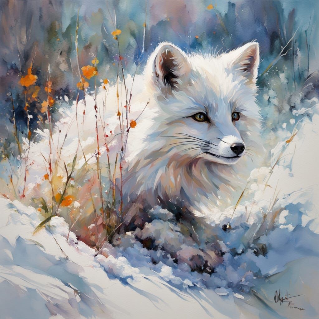 Arctic Fox Kit in Neo-Impressionist Winter Scene