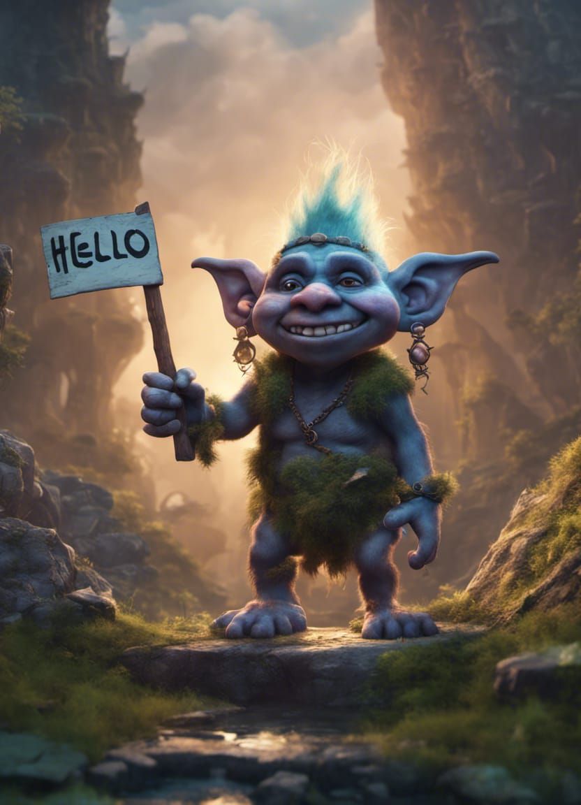 Little Troll Holding Hello Sign, Fantasy Concept Art