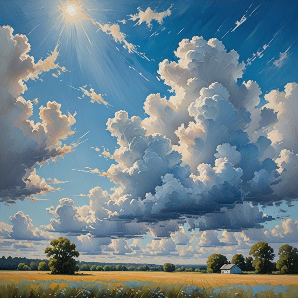 Impressionist Gingham Clouds in a Bright Blue Sky