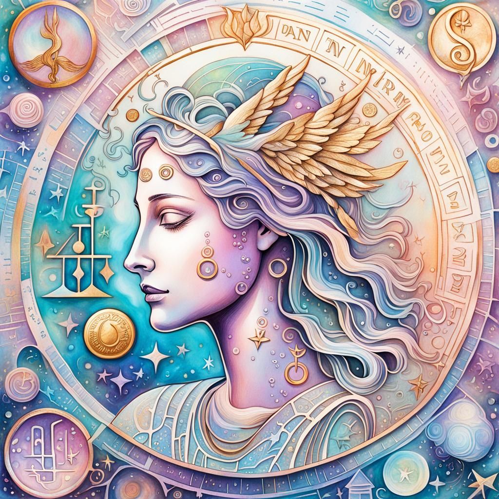 Cosmic Accounting Symbols in Mixed Media Illustration