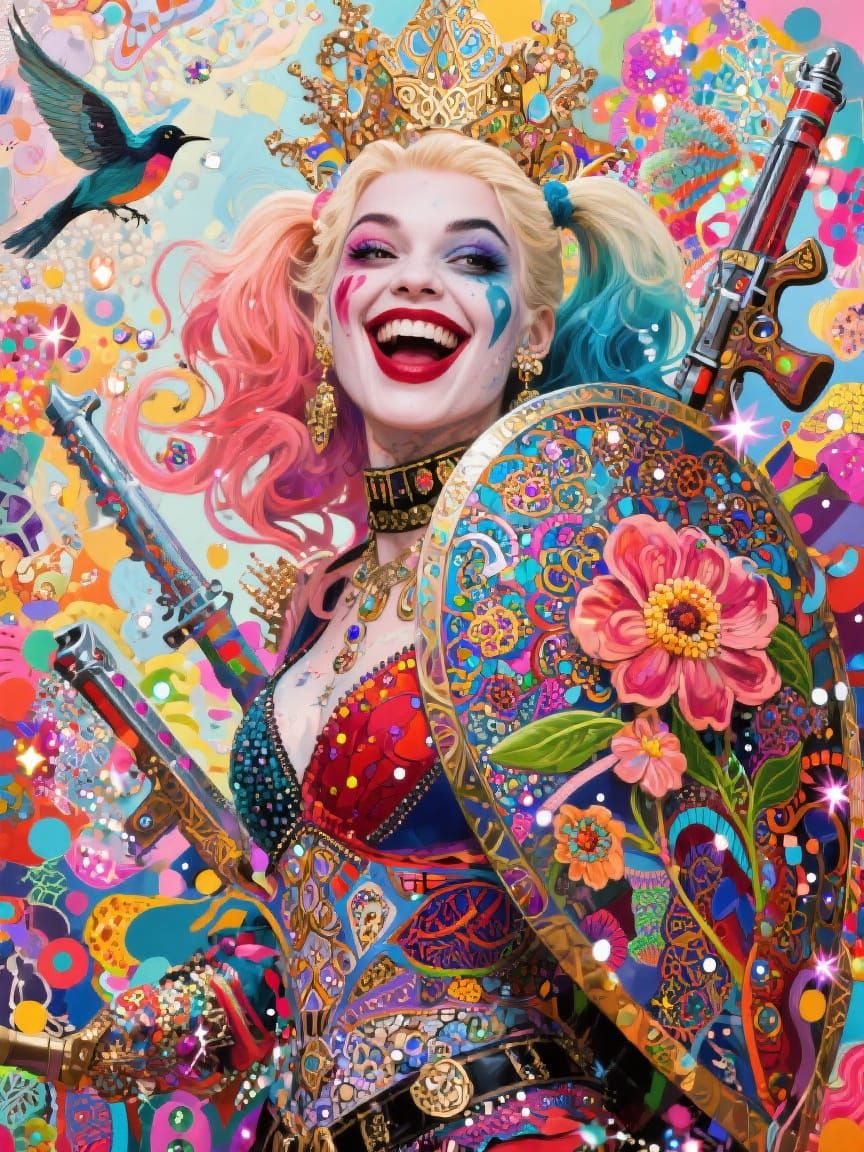 Harley Quinn Goddess Warrior in Klimt-Inspired Pop Art