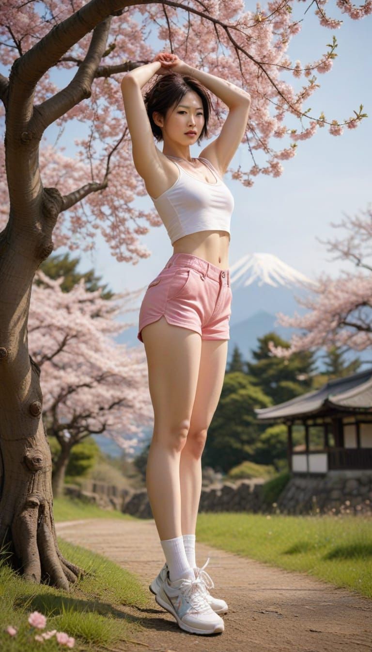 Athletic Woman Stretching by Cherry Tree, Sensual Comic Art