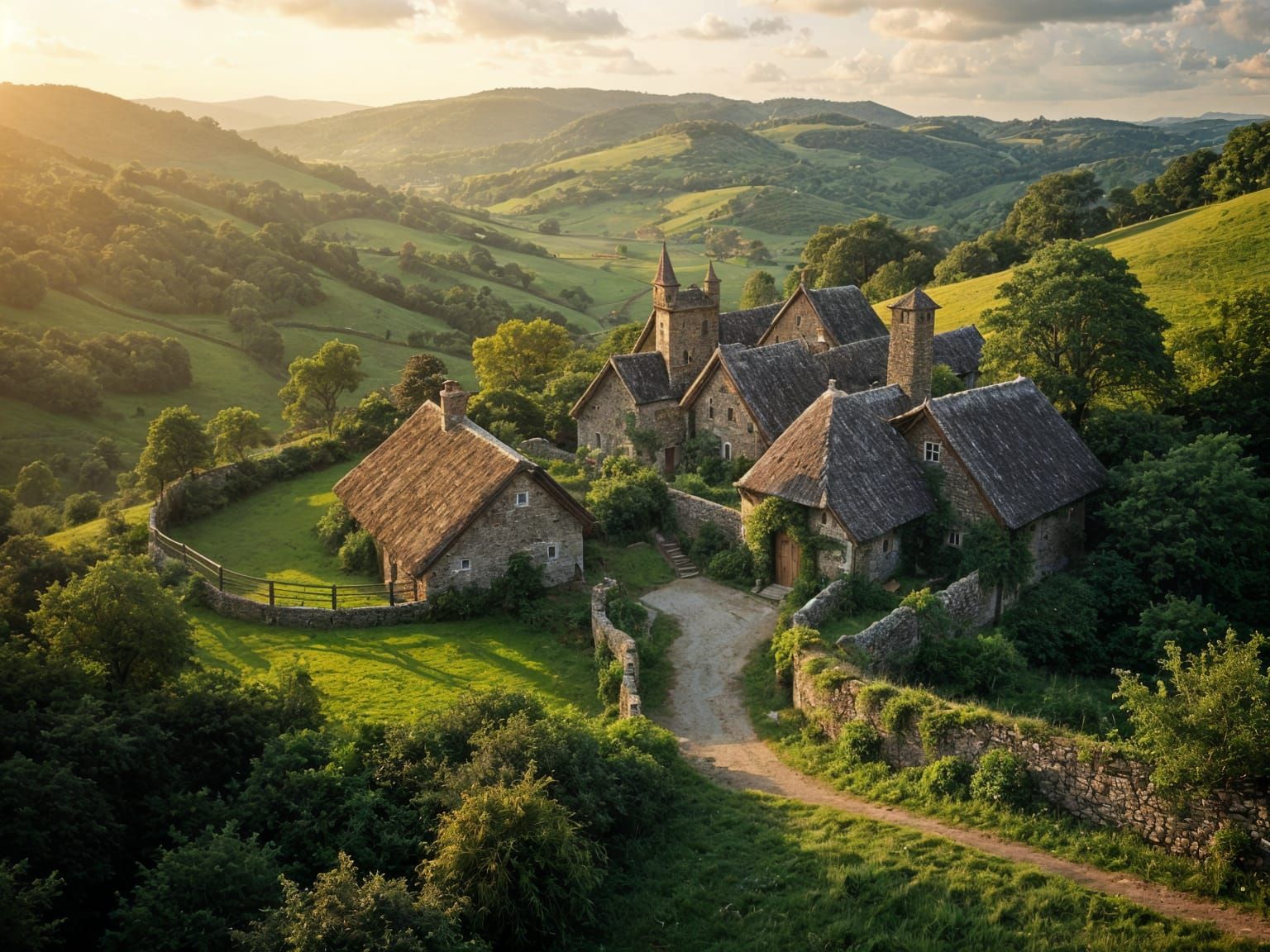 Rustic Village in Rolling Hills at Sunset