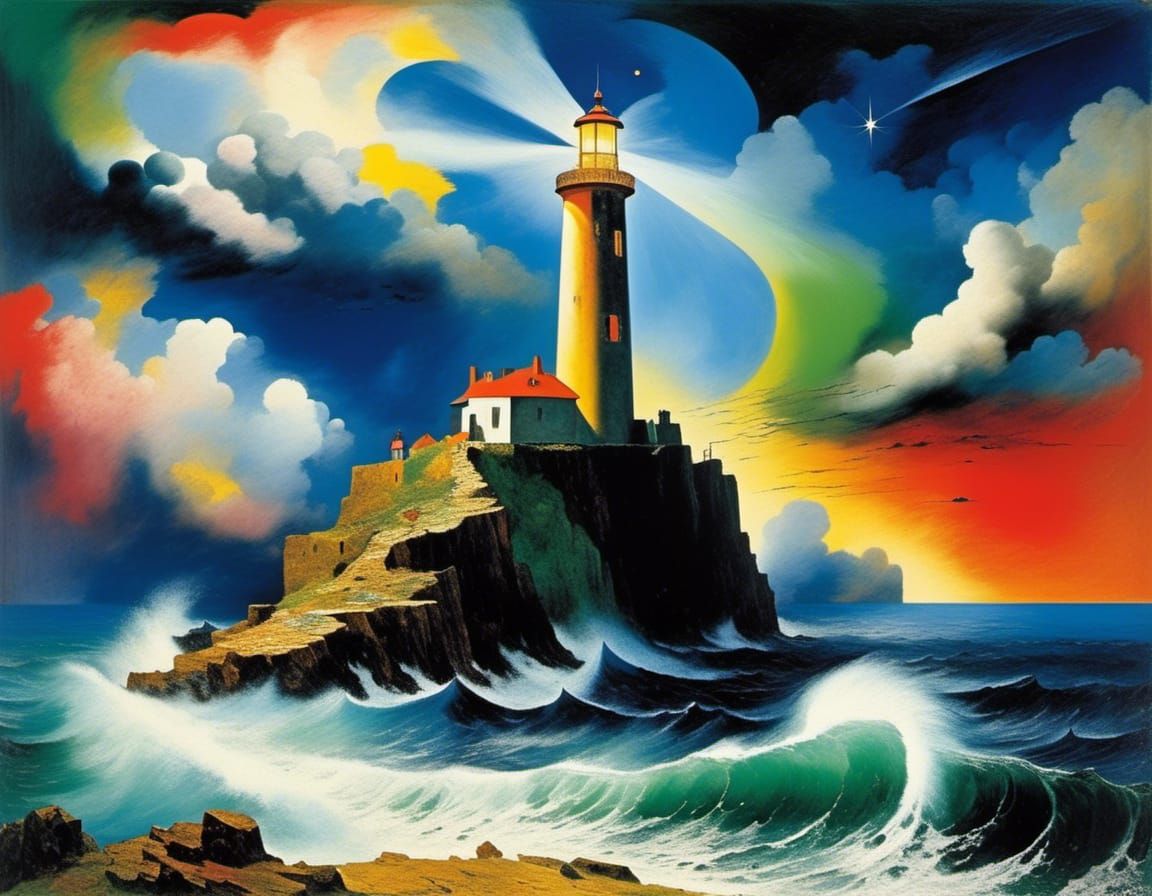 Colorful Lighthouse in Tempest, Magic Realism Style