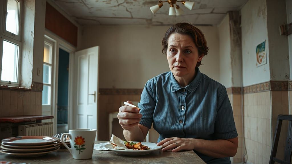 Weary Woman Eats Scallion in Neglected Kitchen