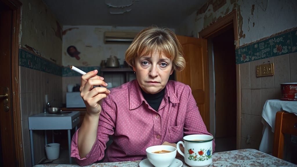 Gritty Portrait of Bosnian Woman Eating Scallion in Neglecte...