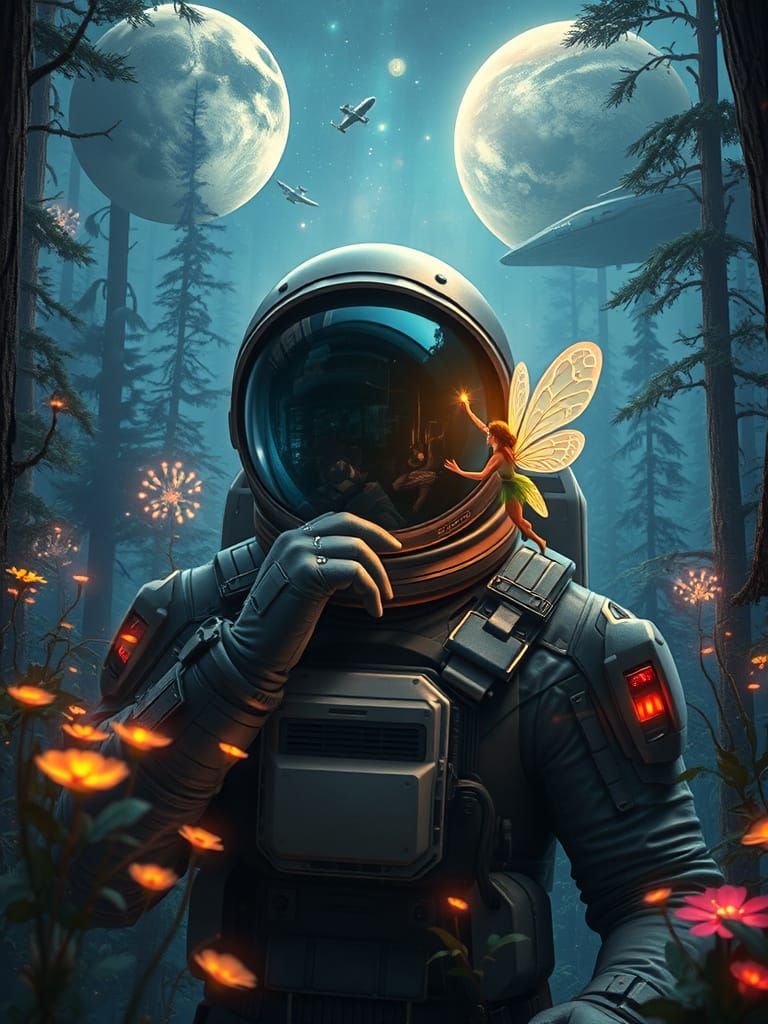 Astronaut Meets Enchanted World in Cosmic Realism