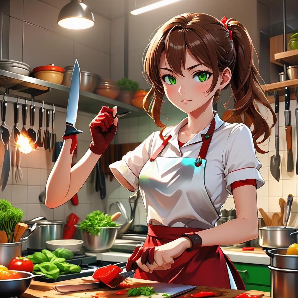 Anime Style Young Woman in Kitchen with Knife