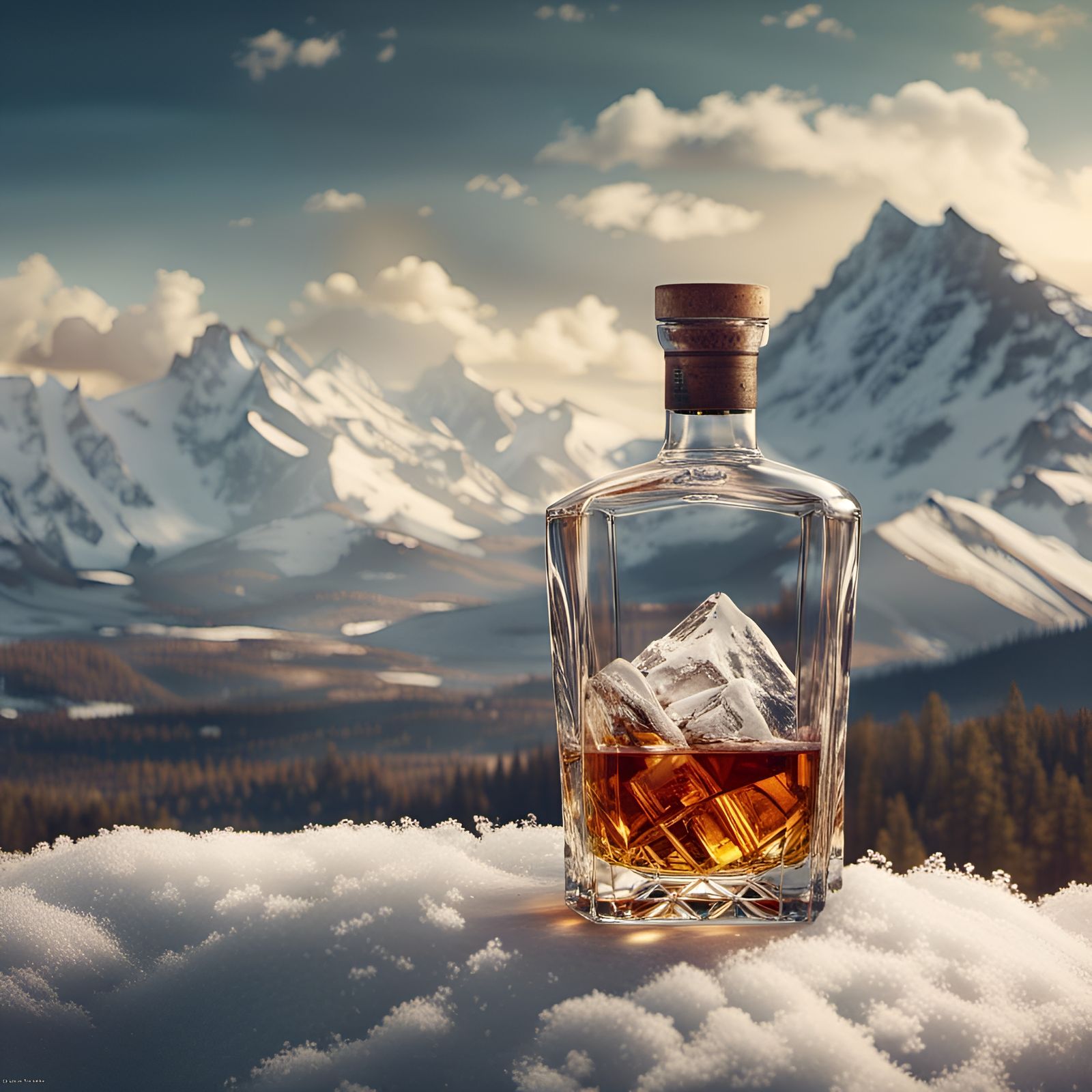 Whiskey Bottle with Snowy Mountain Backdrop
