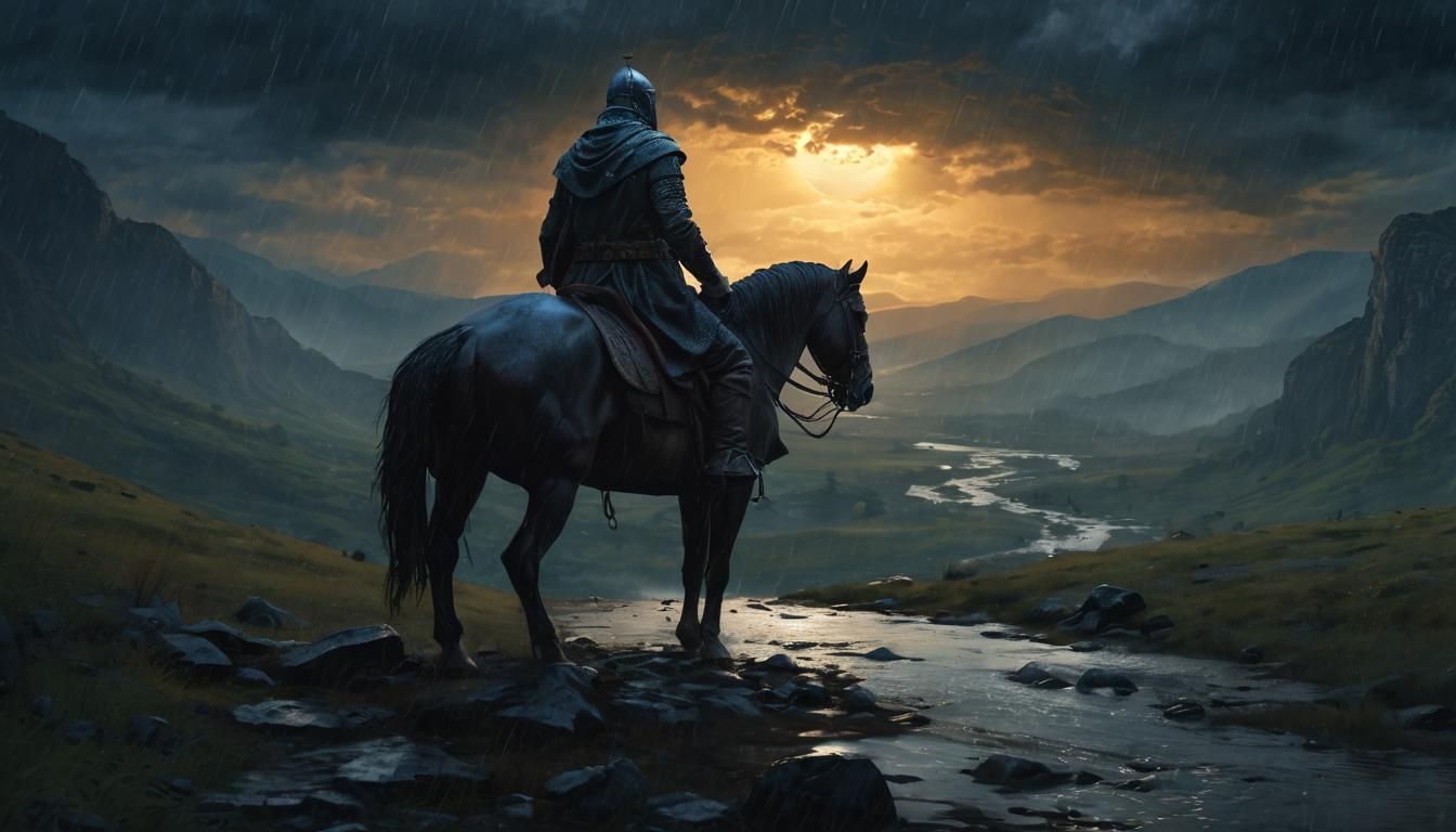 Celtic Horseman in Rainy Valley: Dark Fantasy Art