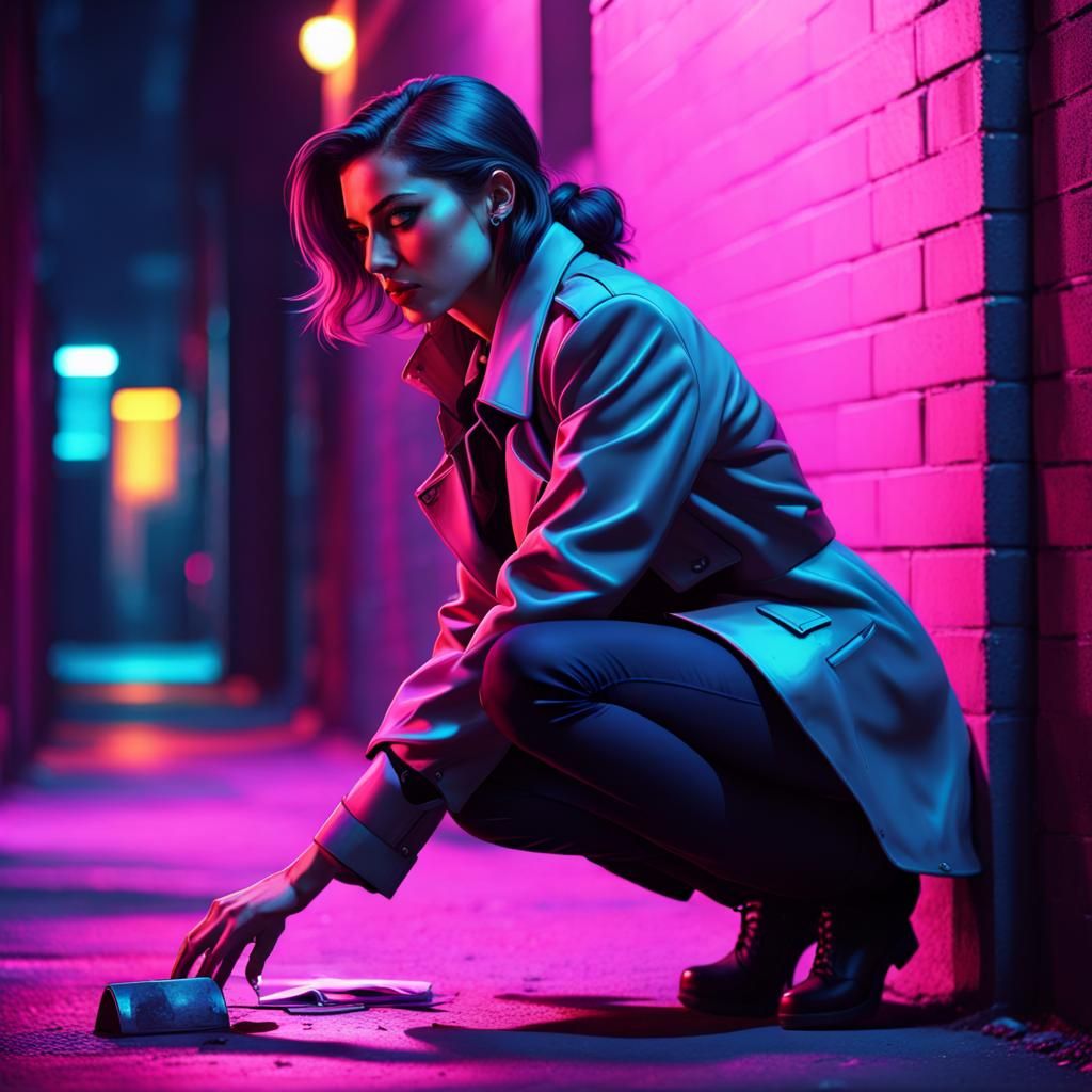 Cyberpunk Noir: Female Detective in Neon Alley