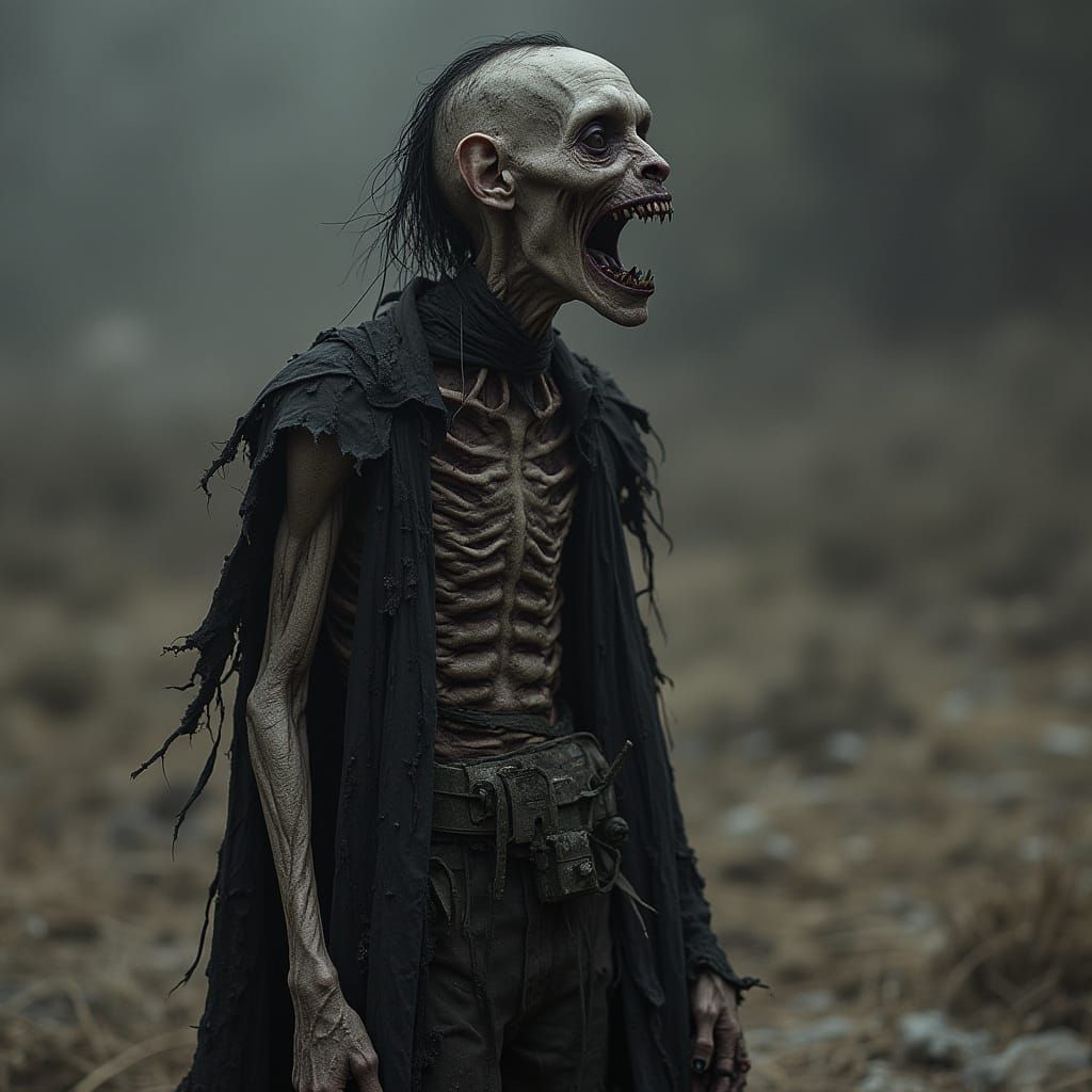 Surreal Emaciated Figure in Macabre Gothic Landscape