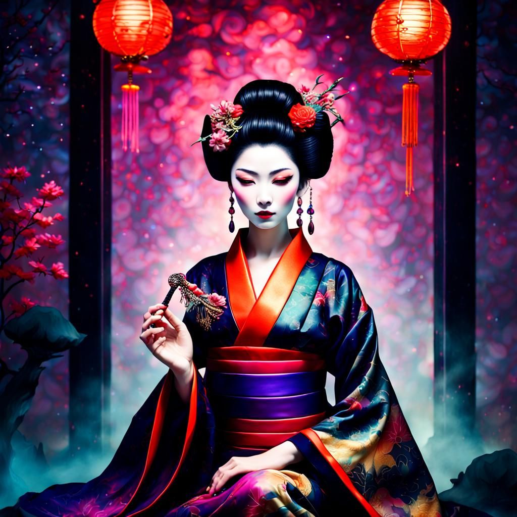 Enchantress Geisha Plays Shamisen in Cosmic Dreamscape
