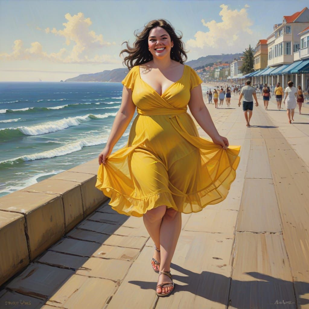 A Happy Woman Strolls the Seaside Promenade in Vibrant Color...