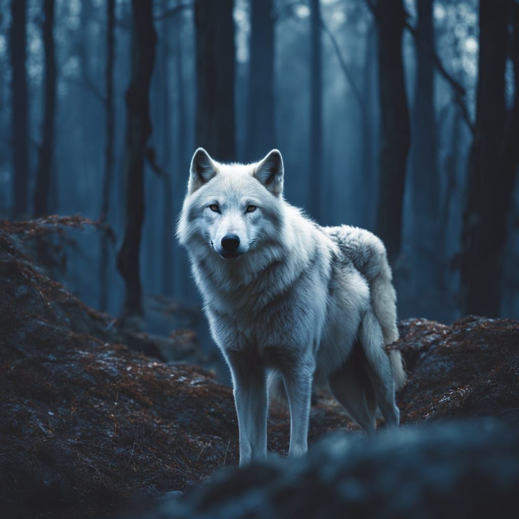 Mysterious White Wolf at Dusk in Forest