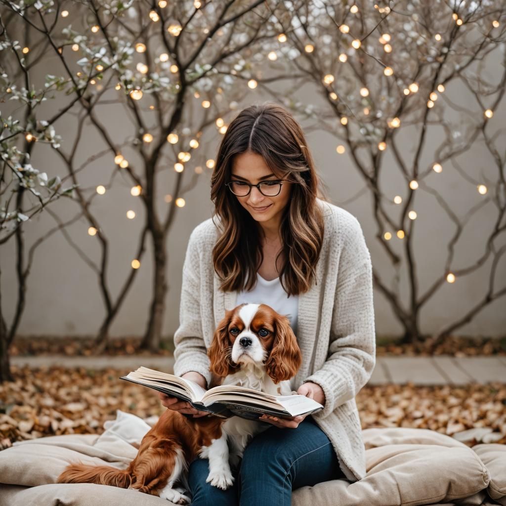 Girl Reading with Cavalier King Charles Spaniel