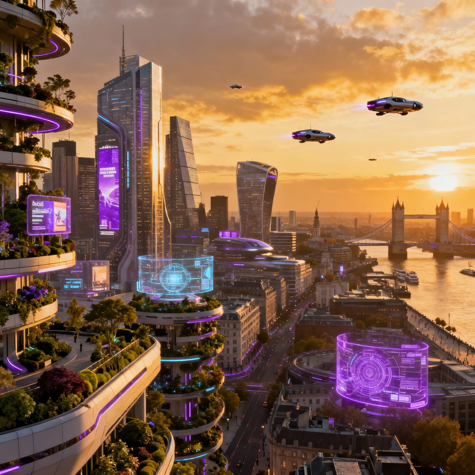 Futuristic London Skyline at Sunset, Photorealistic
