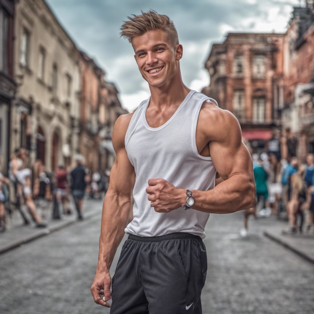 Handsome Bodybuilder in Urban Setting, Hyperrealistic Style