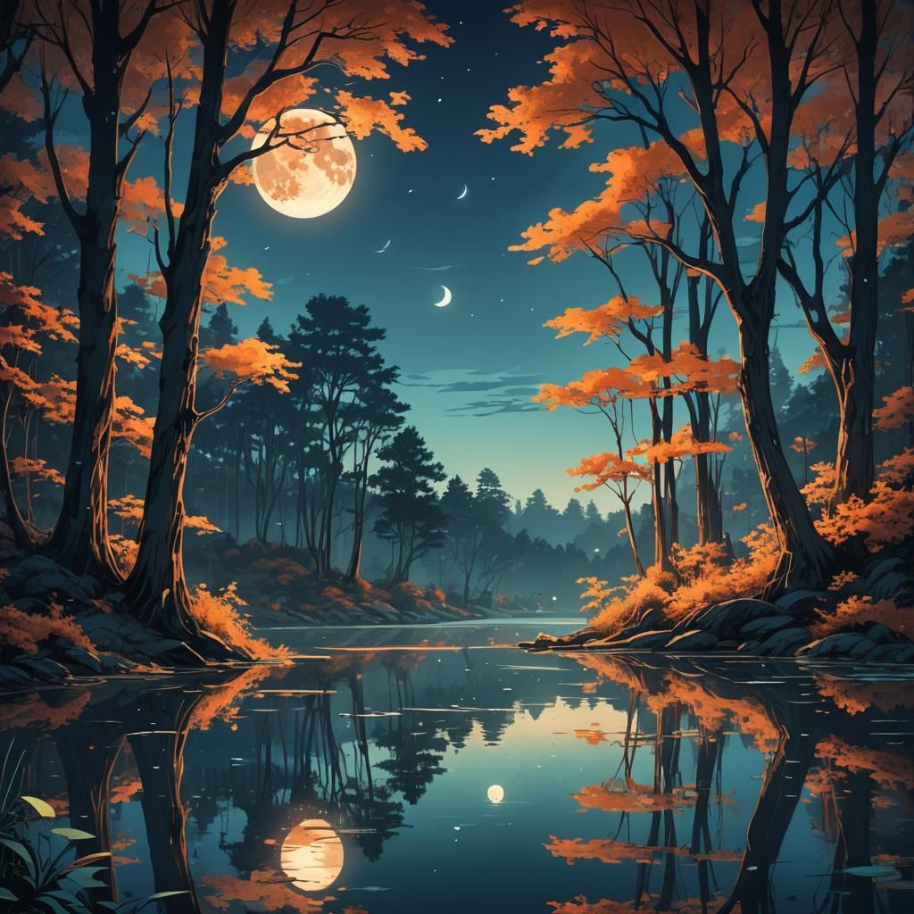 Fairy-Tale Night Lake: Anime-Inspired Digital Painting