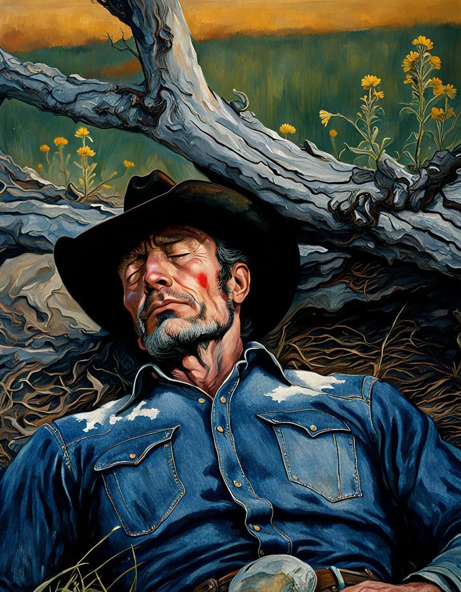 Cowboy Sleeping in Prairie at Sunset
