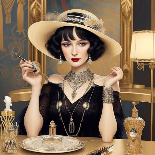 1920s Flapper Girl with Art Deco Makeup and Perfume