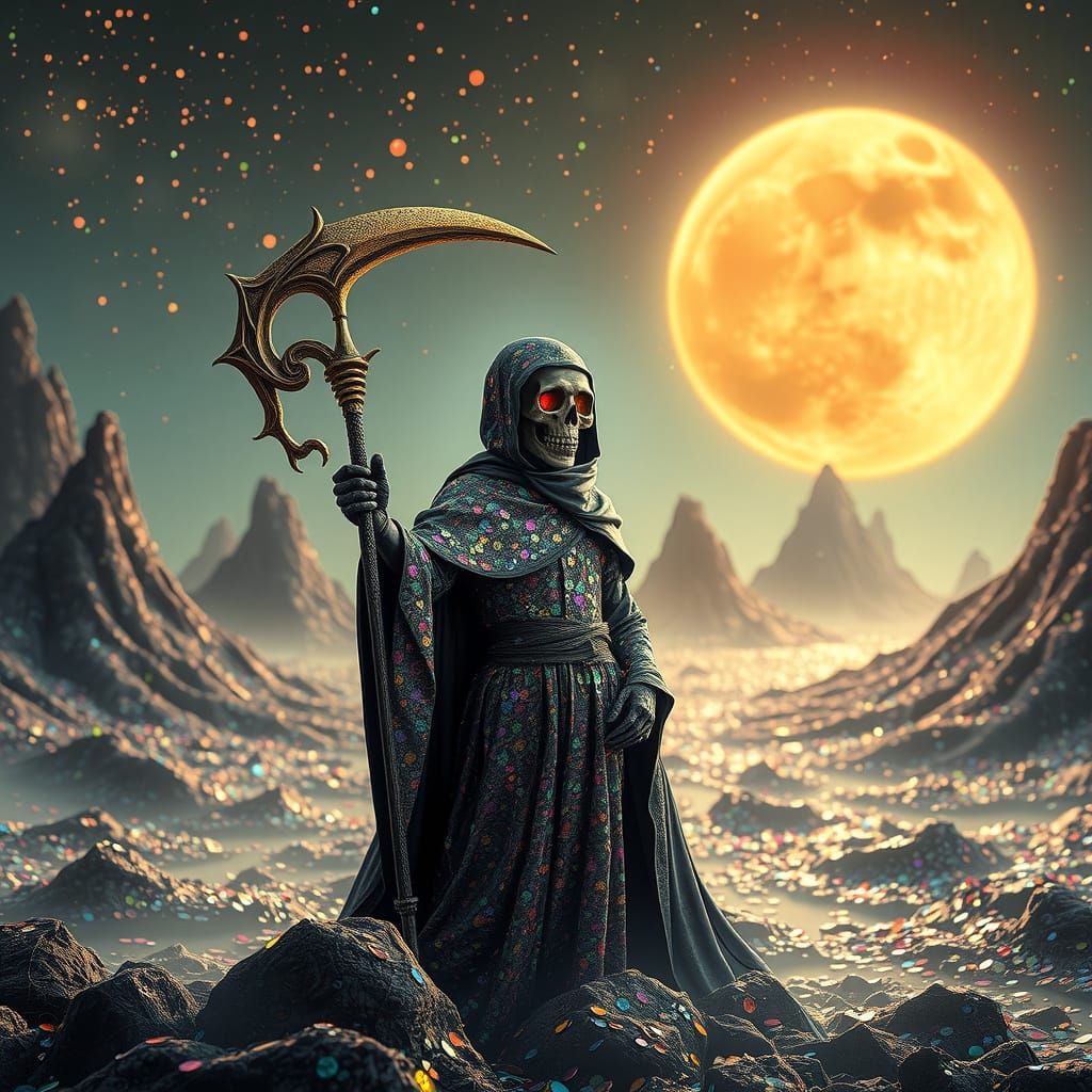 Grim Reaper in a Whimsical, Sequin-Covered Galaxy